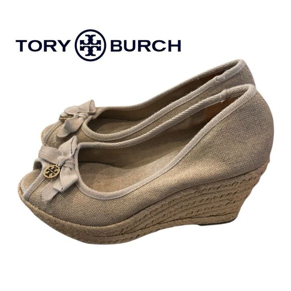 Tory Burch Shoes - Tory Burch Jackie Canvas Natural Peep Toe Espadrille Wedges 7